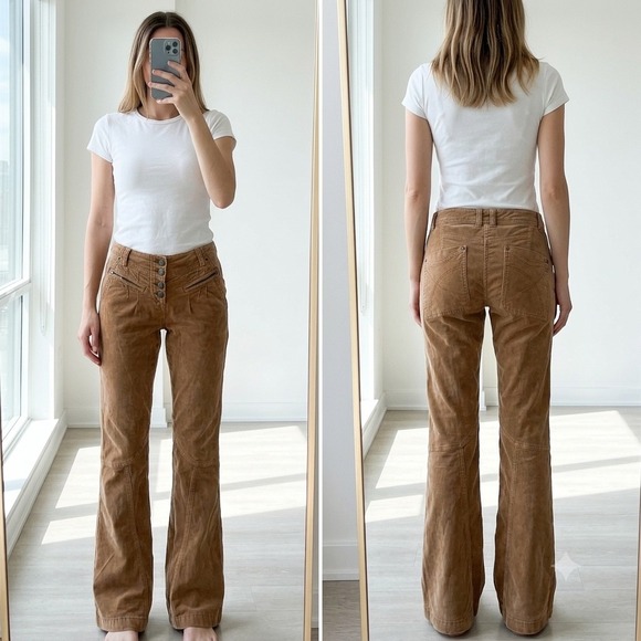 Free People Pants - Free People We The Free Tan Corduroy Flare Pants Button Fly Utility Boho Size 2